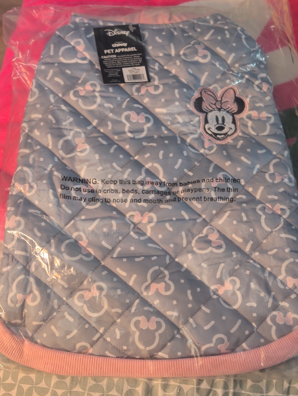 Disney Quilted Minnie Mouse Pet Jacket in Light Blue & Pink New Large